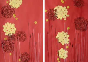 Sticks and Poofs Diptych on Red <br>19.75” x 13.75”