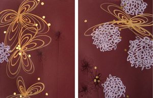 Gold Butterflies and Lavender Poofs Diptych <br>25" x 39"