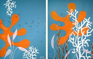 Blue Paper with White Coral Diptych <br> 25.5" x 19.5" each