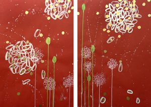 White Poofs on Red diptych